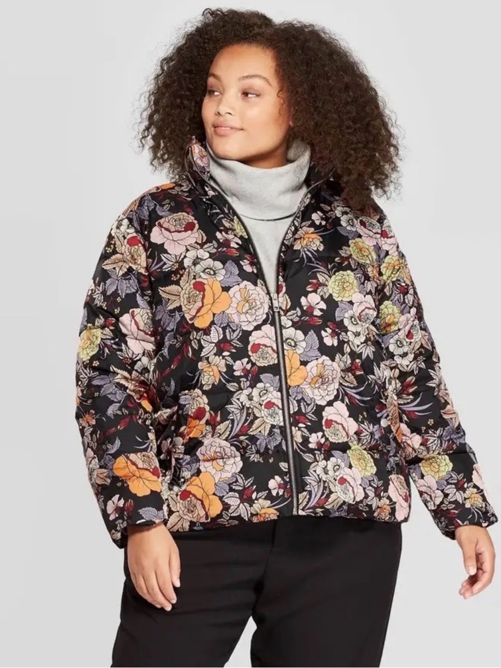 Who What Wear black floral print puffer jacket